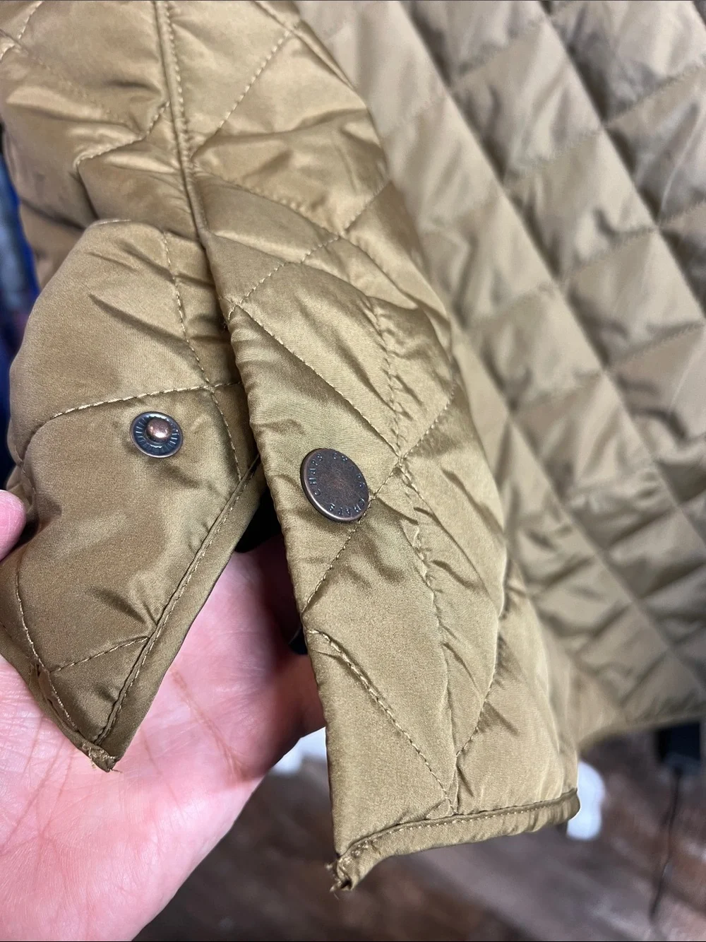 Chaps Quilted Olive Jacket with Brown Corduroy Collar